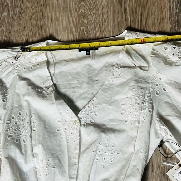 NWT 1 State white embroidered floral eyelet Lace V neck button Mini dress M - Picture 6 of 10